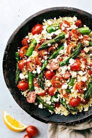 Healthy the couscous that you can find in your local supermarket is pre steamed and dried. Roasted Asparagus Tomato Couscous And Feta Cheese With A Simple Vinaigrette A Great Spring Or Easter Si Couscous Recipes Asparagus Recipe Roasted Asparagus