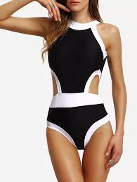 Contrast High Neck Cutout One Piece Swimwear