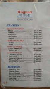Old sepia photos of the ice cream parlour in the 1930s and 1940s adorn its walls as patrons sit on rattan chairs to enjoy their ice cream, the rusty ceiling fans keeping them cool in jakarta's hot and humid weather. Menu Picture Of Es Krim Ragusa Jakarta Tripadvisor