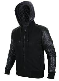 Men Black Hooded Jacket With Leather Sleeves Black Hooded Jacket Leather Jacket Men Best Leather Jackets