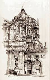 Samuel Chamberlain 1895 1975 American Le Dome De L Eglise Du Val De Grace Paris 1924 Dessin Architecture Dessin Urbain Croquis D Architecture
