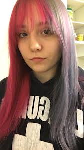 Half Pink And Half Silver Purple Tone Halfandhalf Pinkandpurple Hair Coloredhair Bangs Hair Hair Color Bangs