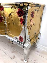 Gold Silver Buffet Black Floral Dresser Handpainted Furniture Gold Silver Leaf Follow Me On Instag Funky Painted Furniture Paint Furniture Painted Furniture