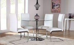Orbit Round Glass Chrome Dining Table With 4 Perth White Leather Chairs Glass Round Dining Table Glass Dining Table Glass Dining Table Set
