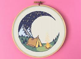 Another option (if you already have lots of fabric & dmc floss) is that we can create a 'name' sampler on a 'pattern & dmc key only' basis. Moon Camping Cross Stitch Pattern Nature Mountains Embroidery Tent Campsite Fire Bone Needlepoint Starry Night Travel Holiday Present Camping Cross Stitch Patterns Cross Stitch Camping Cross Stitch