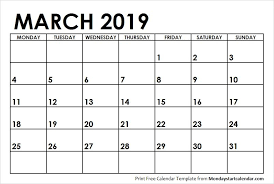 Blank Calendar March 2019 Monday Start Weekly Calendar Template Calendar Template Blank Calendar