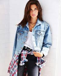 Women S Light Blue Denim Jacket White And Red And Navy Plaid Dress Shirt White Tank Black Skinny Jeans Fashion Bomber Jacket Fashion Jacket Outfits