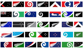 Workers hang a print of the national new zealand flag. New Zealand Announces 40 Potential New Flag Designs