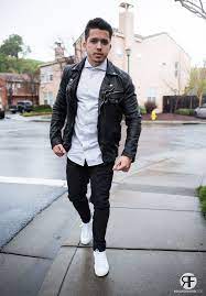 Men S Outfit Idea White Shirt Leather Jacket And Destroyed Jeans Royal Fashionist