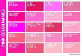 For full list of color names please see the attached poster or scroll down for individual colors. Pink Color Names Alldo Maker Color Palette Pink Pink Color Chart Pink Names
