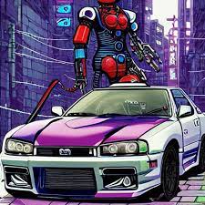 prompthunt: beautiful hyper-detailed full colour manga illustration of a  robot ninja warrior with a sword, driving through the city, in a modified  Nissan skyline r34, cyberpunk, dystopian