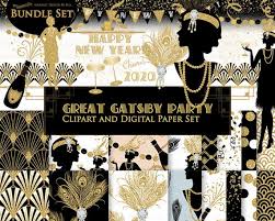 Great Gatsby Happy New Year 2020 Glitter Gold Flapper 1920 Roaring 20s Art Deco Belle Epoque Clip Art Digital Paper Set