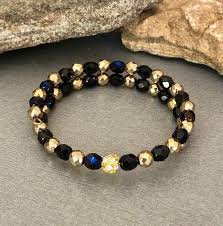 Black And Gold Bracelet Black Gold Bracelet Beaded Coiled Bracelet Memory Wire Etsy Beaded Bracelets Evening Bracelet Crystal Bracelets