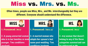 Miss Vs Ms Vs Mrs When To Address A Woman By Mrs Ms And Miss 7 E S L In 2020 Miss And Ms From Miss To Mrs Miss