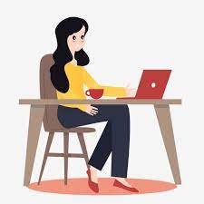 Woman put her legs on the table, on the table lying pizza, fresh juice, and notebooks.attractive woman sitting with headphones at the bright room. Cartoon Wind Working Woman Pretty Woman Woman Using Computer Desk Notebook Coffee Girl Png And Vector With Transparent Background For Free Download Working Woman Teachers Day Drawing Office Cartoon