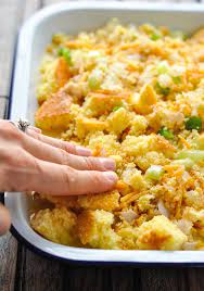 Layer as follows in a casserole dish: Cowboy Casserole With Cornbread And Chicken The Seasoned Mom
