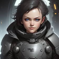 A woman in a futuristic suit with blue eyes and a helmet