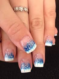 Winter Gel Nails With Blue Glitter And Snowflake Nail Art Design Gel Nail Art Designs Snowflake Nail Art Holiday Nail Designs