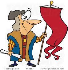 Great moment #200 in computing: Cartoon Christopher Columbus Holding A Scroll And Flag 56657 By Ron Leishman