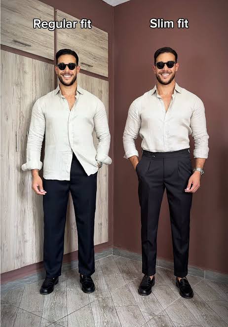 Regent fit slim dress shirt next to Madison fit classic dress shirt, side by side comparison