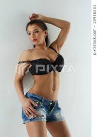 Image of hot babe posing in bra and denim shorts - Stock Photo [18416281] -  PIXTA