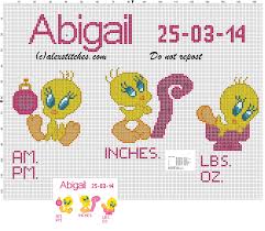 Tweety Bird Cross Stitch Pattern Birth Records Girl With Tweety Bird Cross Stitch Pattern Free Cross Stitch Patterns By Al Cross Stitch Free Cross Stitch Cross Stitch Patterns