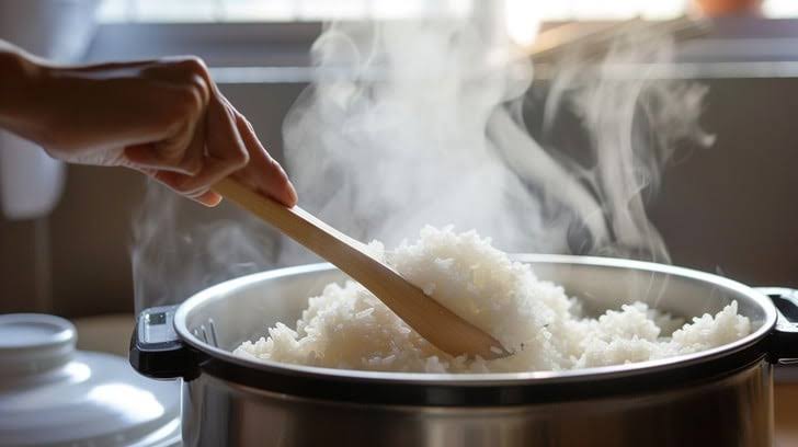 Perfect fluffy white rice being scooped with a wooden paddle inside a modern rice cooker