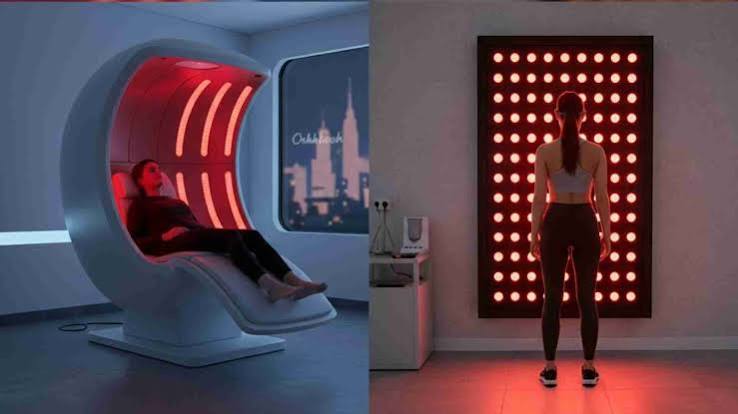 calming wellness environment with a red light panel in use.