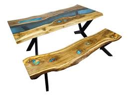 Double Live Edge River Dining Table With Bench River Glass And Glowing Resin Fill In Banc De Table A Manger Resine Epoxy Bois Huile De Tung