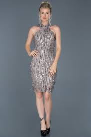 Gri Kisa Payetli Boyundan Baglamali Davet Elbisesi Abk599 2020 The Dress Aksamustu Giysileri Elbise Modelleri