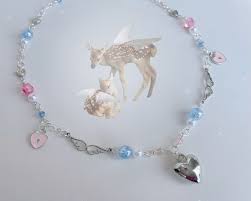 Handmade Heart Necklace With Key Lock Charms and Angel Wings Blue, Pink and  Silver Angelcore Fairycore
