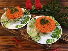салат с копченой курицей и жареными грибами и огурцом Salat Vostorg S Korejskoj Morkovyu Kuricej Zharenymi Gribami I Ogurcami Recept Zharenye Griby Nacionalnaya Eda Salaty
