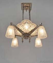 Gilles French 1930 Art Deco Chandelier In Nickeled Bronze And Molded Pressed Glass By La Maison Pierre Gil Art Deco Chandelier Art Deco Lamps French Art Deco