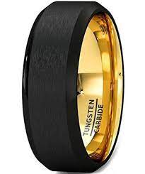 Certified 8mm Wedding Band Two Tone Black Yellow Gold Tungsten Ring Brushed Beveled Edge C Mens Wedding Bands Black Gold Tungsten Ring Rings Mens Wedding Bands