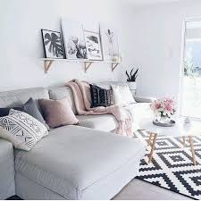 Light And Airy Family Room With Light Gray Sectional And Pink Black Gold Accents Living Room Grey Living Room Scandinavian Living Room Designs