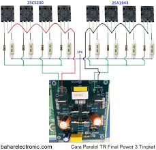 Pada awal pendesainan pcb, tiga transistor ini dipasang di bawah pcb atau dibaut di main heatsink dan rangkaian diset mendekati kelas a. Cara Paralel Tr Final Power 3 Tingkat Bahar Electronic