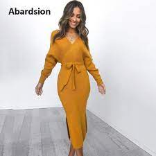 us 24 98 abardsion women knitted sweater dress wrap belted tunic midi vestidos long sleeve double v neck split casual autumn dresses 2019 dresses aliexpr long knitted dress stretch midi dress wrap sweater dress
