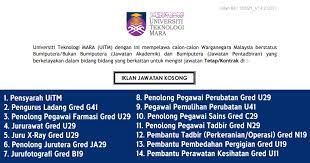 Tawaran adalah dipelawa daripada warganegara malaysia yang berkelayakan untuk memohon bagi mengisi jawatan kosong di uitm sebagaimana berikut kongsikan info kerja kosong ini kepada semua. Permohonan Jawatan Kosong Di Universiti Teknologi Mara Uitm Kelayakan Pmr Spm Diploma Ijazah