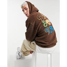 ASOS Day Social ASOS Daysocial oversized teddy borg hoodie with boucle back  logo-Brown