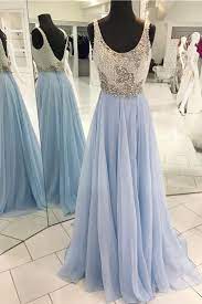 Gorgeous Blue Long Evening Dress With White Pearls Prom Dresses For Teens Light Blue Prom Dress Backless Prom Dresses