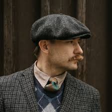 PEAKY Style Genuine Scottish Harris Tweed 8 Panel Newsboy Classic Cap  Vintage Gangster Baker Boy Hat Wool Large Crown Golf Hat BLACK-GRAY