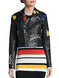 Alice Olivia Alice Olivia X Basquiat Cody Embroidered Leather Moto Jacket Cropped Leather Jacket Embroidered Leather Jacket Embroidered Jacket