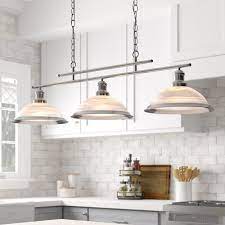 Island is off center to range/hood in open concept that will have other chandeliers and pendant light nearby (dining room and kitchen nook tables). Beverley 3 Light Kitchen Island Linear Pendant Pendelleuchte Beleuchtung Pendelleuchte 3 Flammig