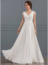 Au 291 00 A Line V Neck Floor Length Chiffon Lace Wedding Dress With Ruffle Jj S House Short Sleeve Wedding Dress Ruffle Wedding Dress Short Wedding Dress