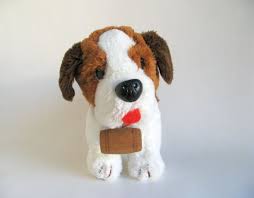 Vintage St Bernard Dog Stuffed Animal By R Dakin Wearing A Red Collar With Wood Brandy Barrel Three Colored Dog Red Tongue 1980s Toy Plush Dog Stuffed Animal Bernard Dog Vintage