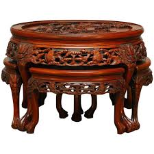 Round Chinese Carved Rosewood Tea Table With Nesting Stools Tea Table Design Coffee Table With Seating Coffee Table With Stools