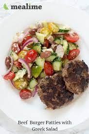 Mealime Beef Burger Patties With Greek Salad Recipe Burger Recipes Beef Beef Burgers Patties Greek Beef Recipes