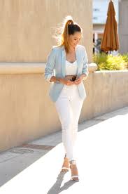 Women S Light Blue Blazer White Cropped Top White Skinny Jeans White Leather Heeled Sandals Blazer Outfits For Women Spring Work Outfits Summer Work Outfits