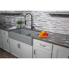Featuring a deep basin for practicality, these kitchen sinks serve as the focal point of any kitchen. Karran Retrofit Farmhouse Apron Front Quartz Composite 34 In Double Bowl Kitchen Sink In Grey Qar 750 Gr The Home Depot