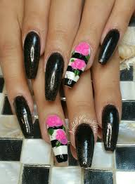 Black And White Striped Nails Coffin Black Glitter Nails With Black And White Stripes And Hot Pink Roses Long Coffin Nails Follow Me On Black Nails With Glitter Hot Pink Nails Coffin Nails Long